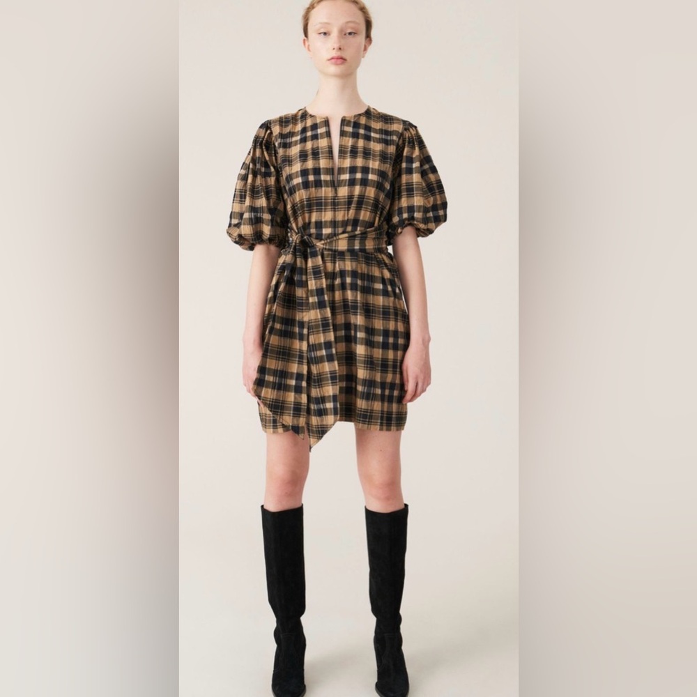 GANNI Plaid Seersucker Dress, Black and Tan, Size US 6, Fall Transitional Dress
